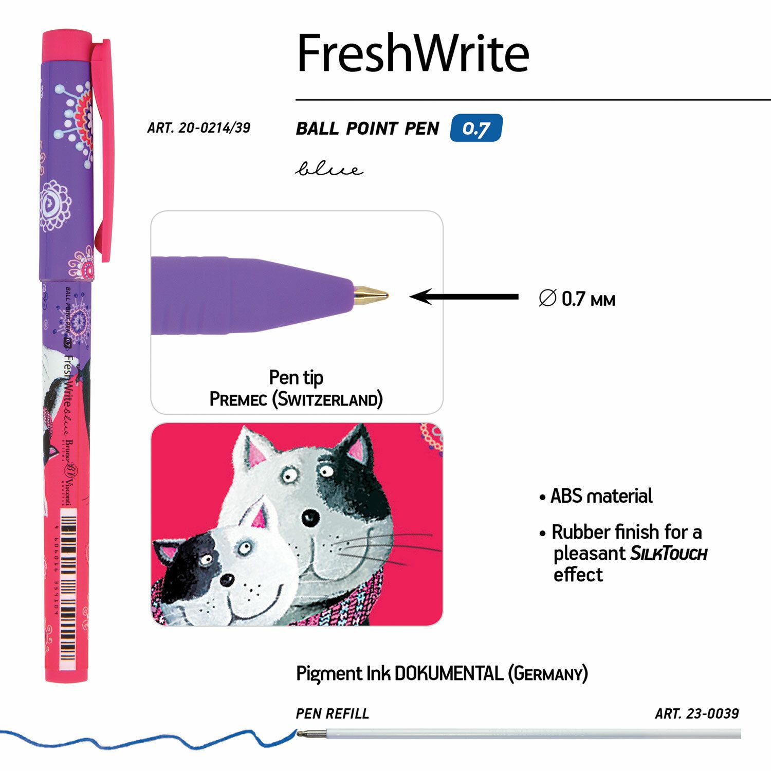 Ручка шариковая BRUNO VISCONTI FreshWrite, СИНЯЯ, Обнимающиеся коты, узел 0,7 мм, линия письма 0,5 мм, 20-0214/39
