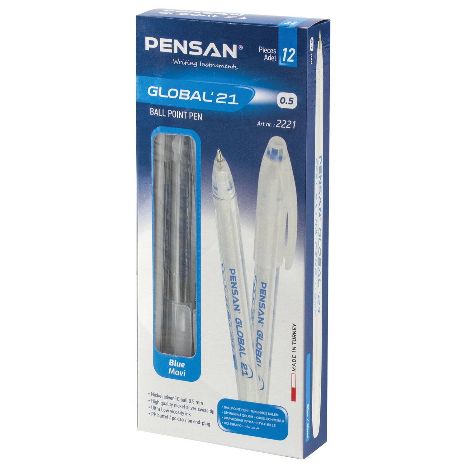 Ручка шариковая масляная PENSAN "Global-21", СИНЯЯ, корпус прозрачный, узел 0,5 мм, линия письма 0,3 мм, 2221