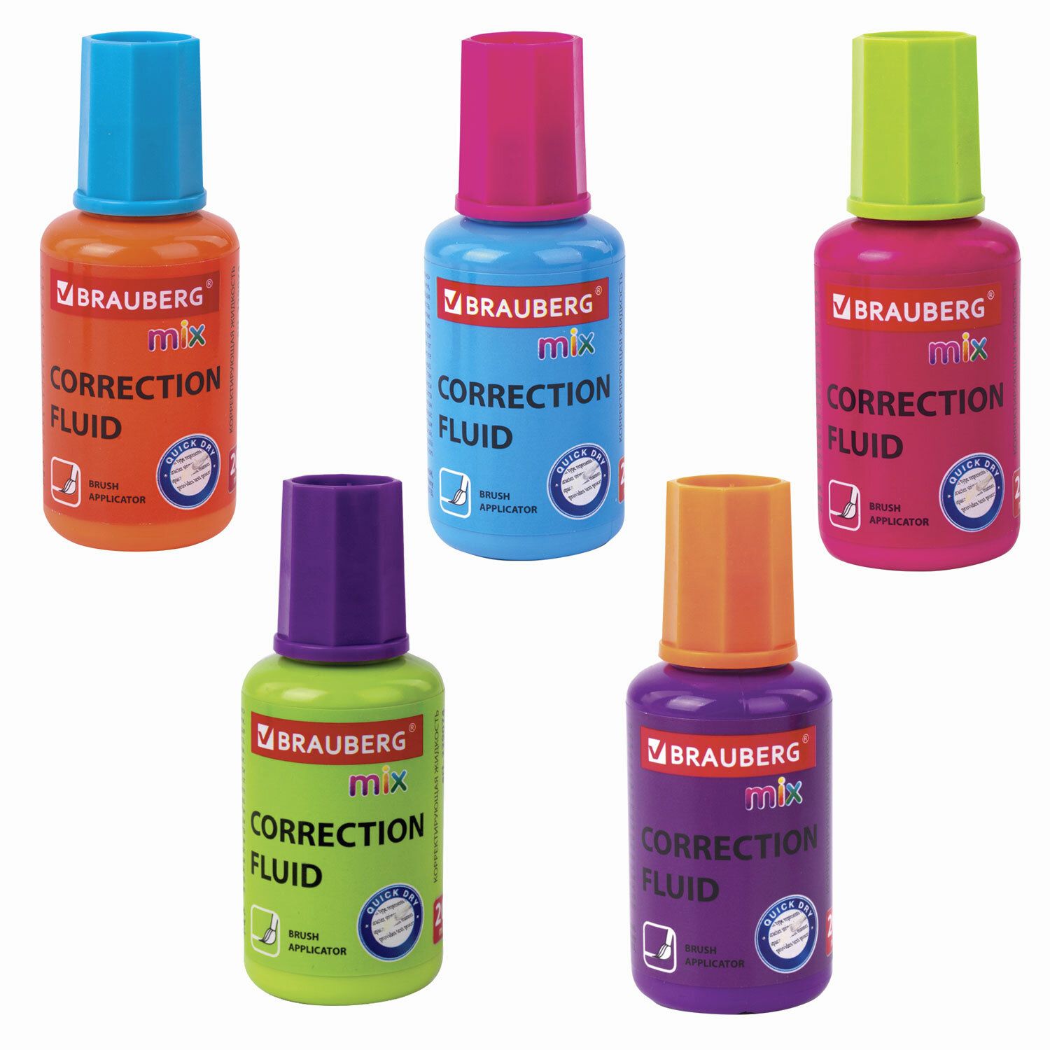 Корректирующая жидкость BRAUBERG MIX, быстросохнущая, 20 мл, с кисточкой, ассорти, 229074 Корректирующая жидкость BRAUBERG MIX, быстросохнущая, 20 мл, с кисточкой, ассорти, 229074