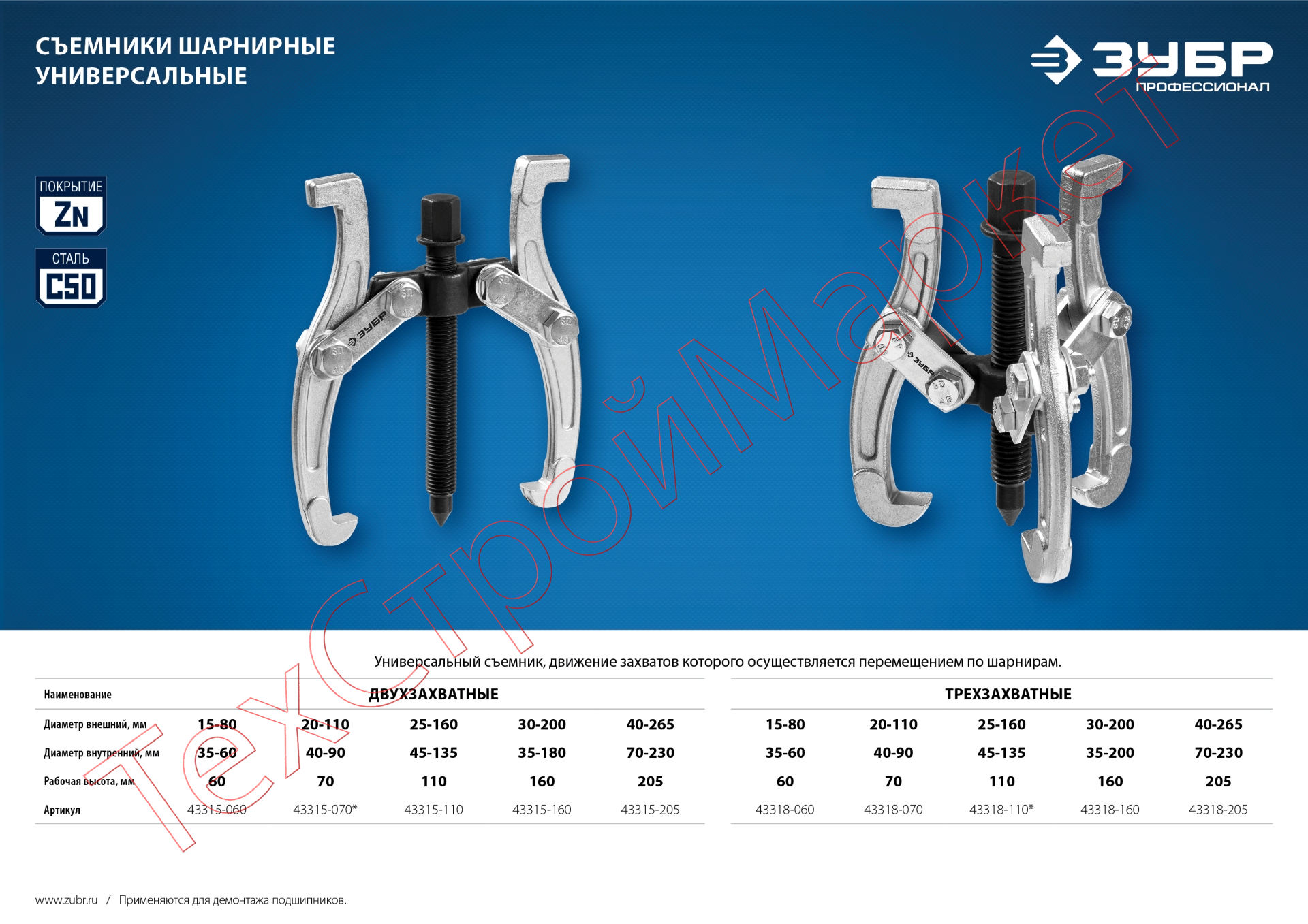 Съемник шарнирный 3-захватный, 110 мм, ЗУБР Профессионал 43318-110