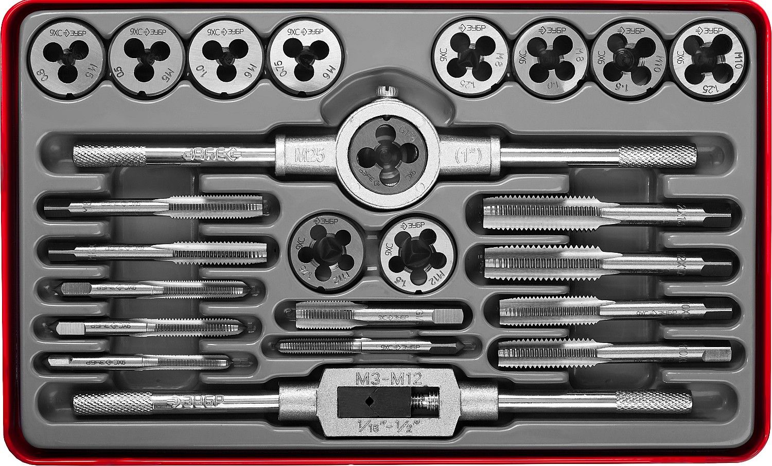 Набор метчиков и плашек ЗУБР "МАСТЕР", сталь 9ХС, 24 предмета