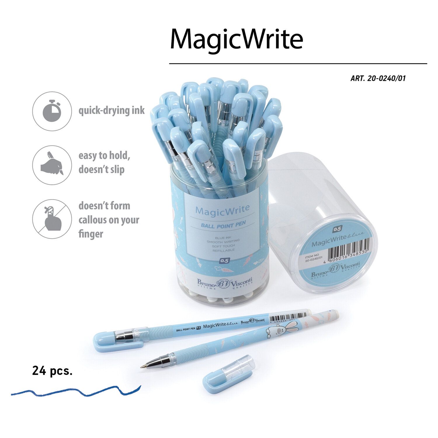 Ручка шариковая с грипом BRUNO VISCONTI MagicWrite, СИНЯЯ, Зайка, узел 0,5 мм, линия письма 0,3 мм, 20-0240/01