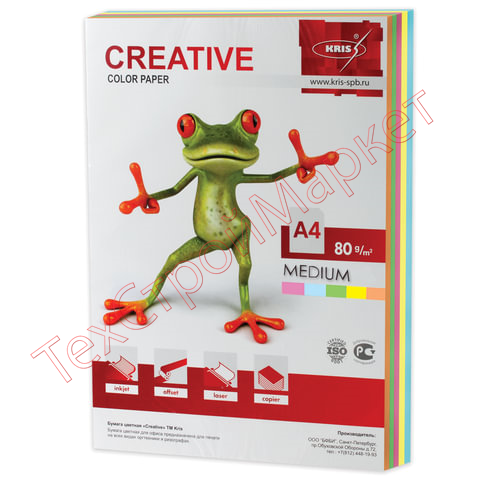 Бумага цветная CREATIVE color, А4, 80 г/м2, 250 л., (5 цветов х 50 л.), микс медиум, БОpr-250r