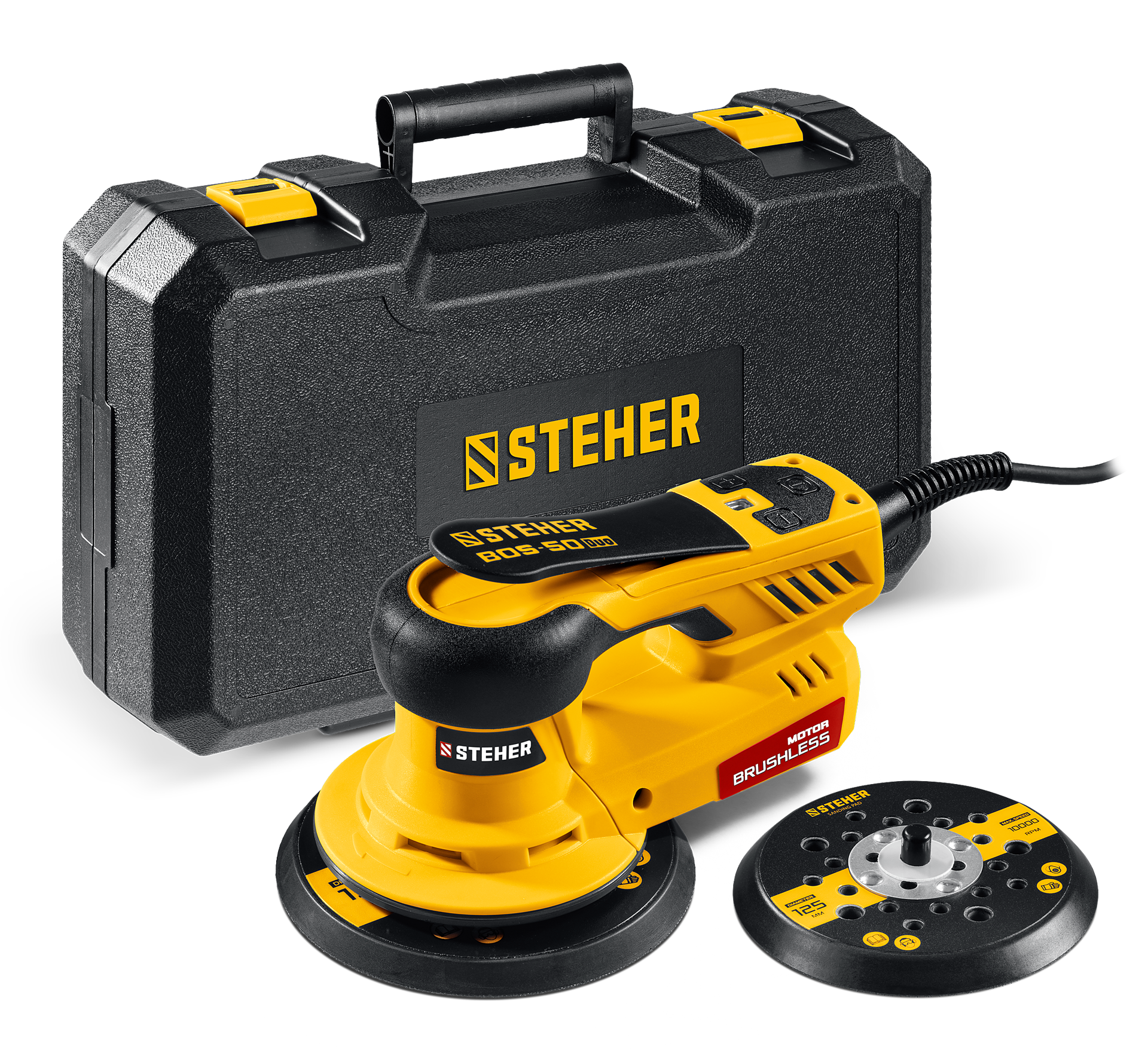 Орбитально-шлифовальная машина бесщеточная BOS-50 Duo, d125 / d150 мм, 5.0 мм, 350 Вт,кейс STEHER 