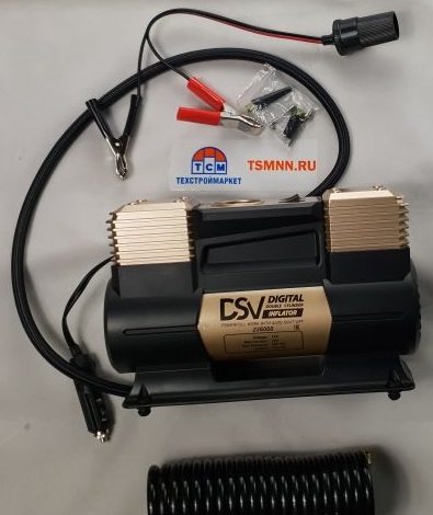 Компрессор "DSV" Smart, двухцилиндровый с LED фонарем 75 л,мин 12В, цифр. маном, сумка и пневм. шланг, золотой