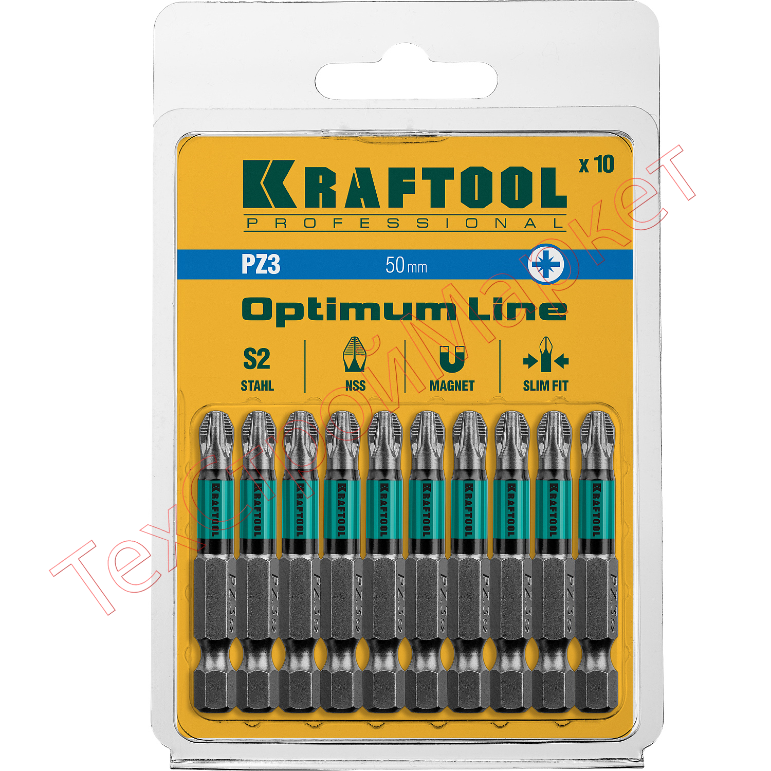 Optimum Line Биты, PZ3, 50 мм, тип хвостовика E 1/4", 10 шт в блистере, KRAFTOOL