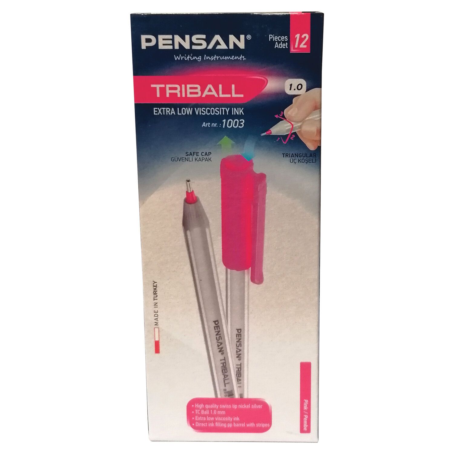 Ручка шариковая масляная PENSAN "Triball", РОЗОВАЯ, трехгранная, узел 1 мм, линия письма 0,5 мм, 1003/12