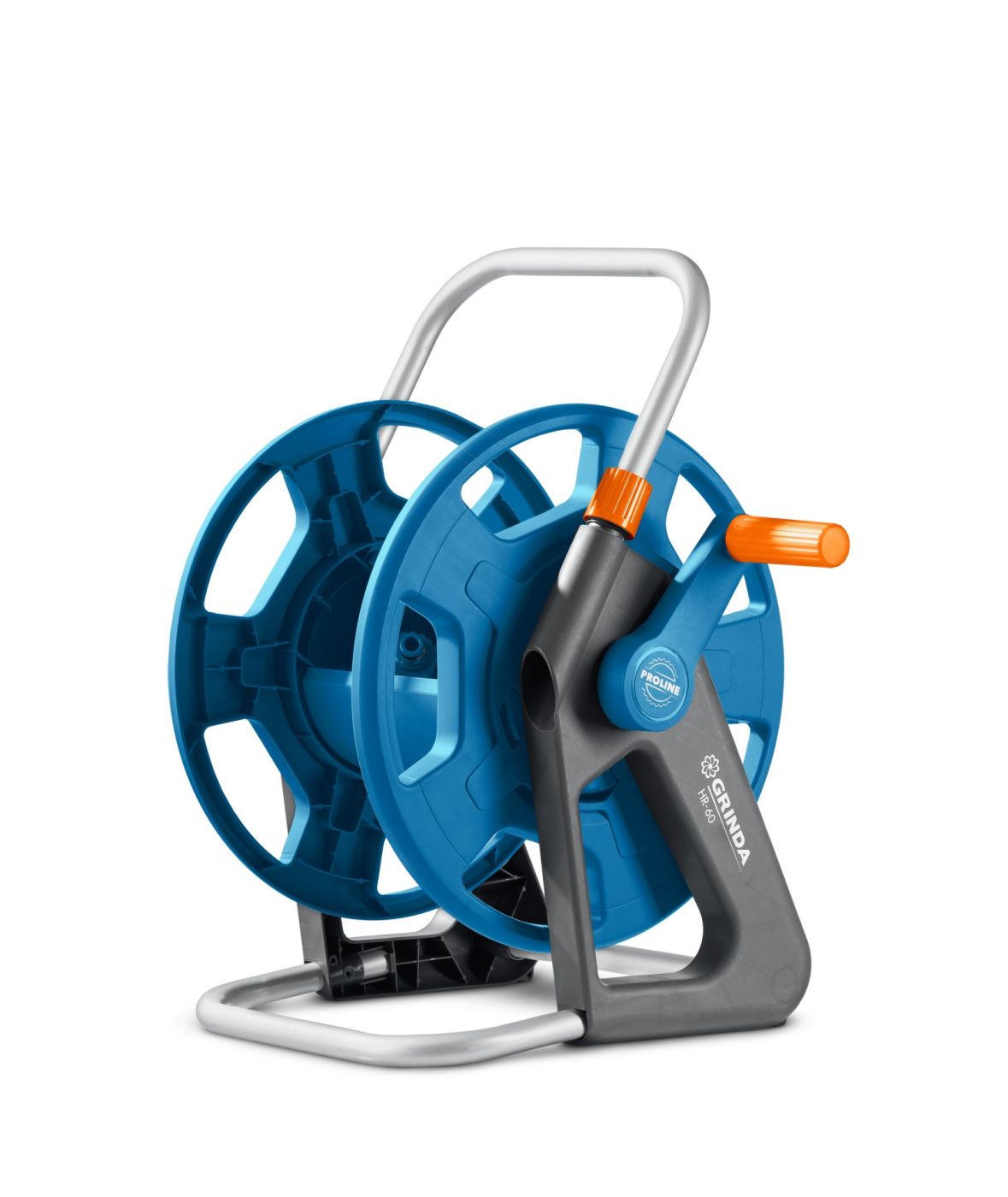 Катушка для шлангов HR-60, для шлангов 60м x 1/2″ и 30м х 3/4″, стальные опоры, пластиковый барабан, GRINDA ProLine