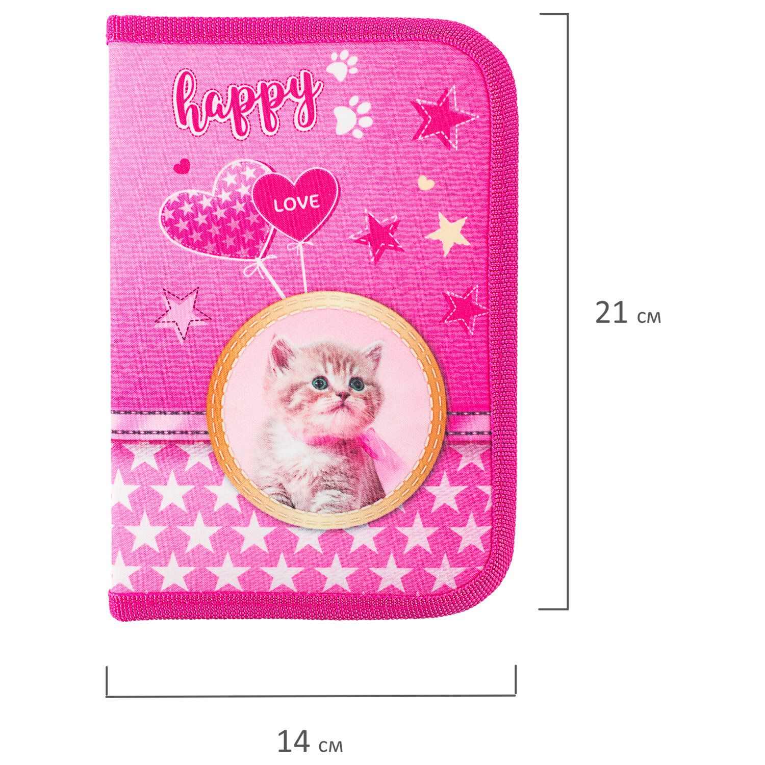 Пенал BRAUBERG, 1 отделение, 1 откидная планка, полиэстер, 21х14 см, "Happy kitten", 270308