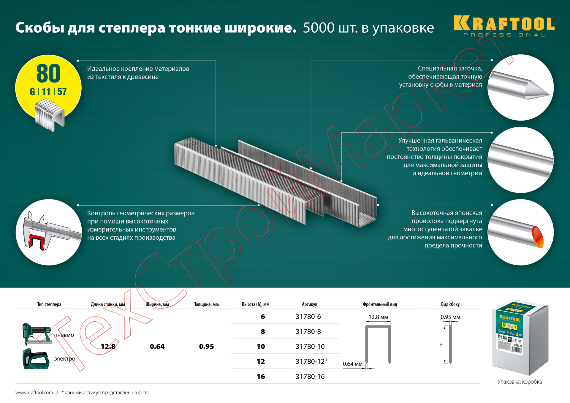 Скобы для степлера тонкие широкие тип 80, 6мм, 5000 шт, KRAFTOOL 