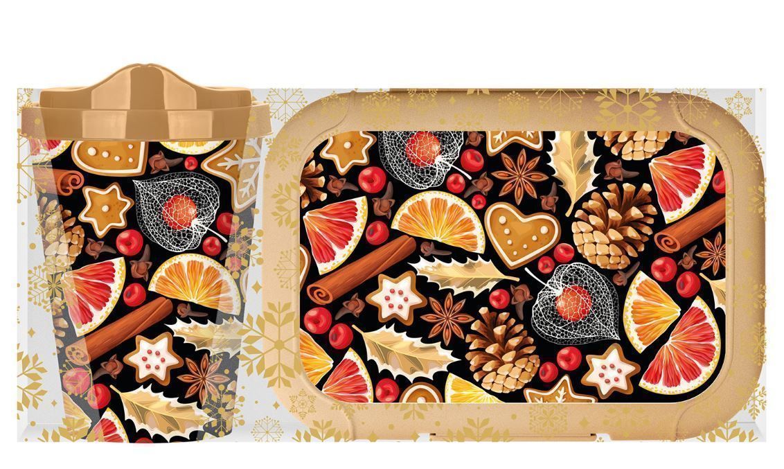 Набор: стакан с крышкой 420мл с декором + ланч-бокс 0,85л с декором (золотой)