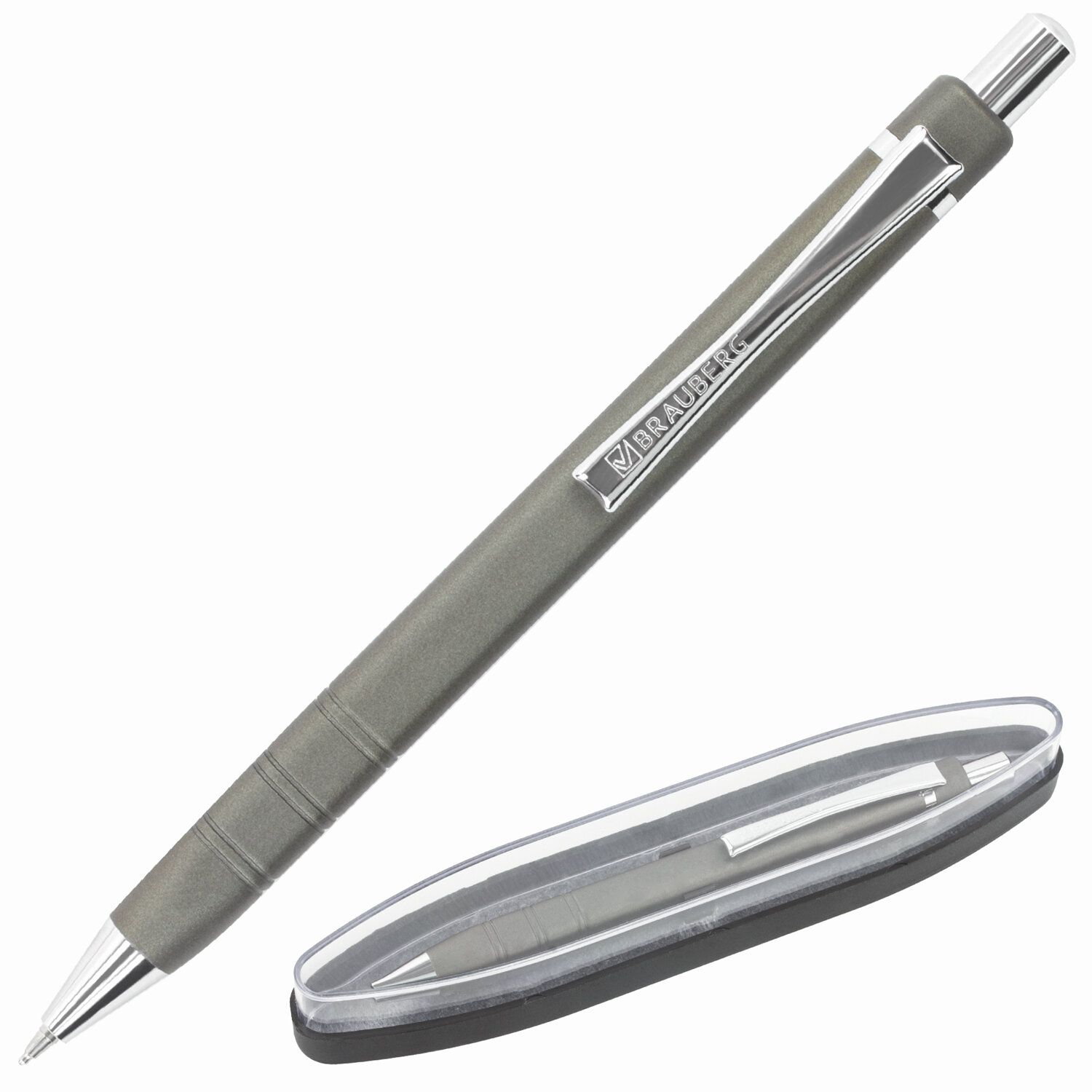 Ручка подарочная шариковая BRAUBERG Opus, СИНЯЯ, корпус серый с хромированными деталями, линия письма 0,5 мм, 143493