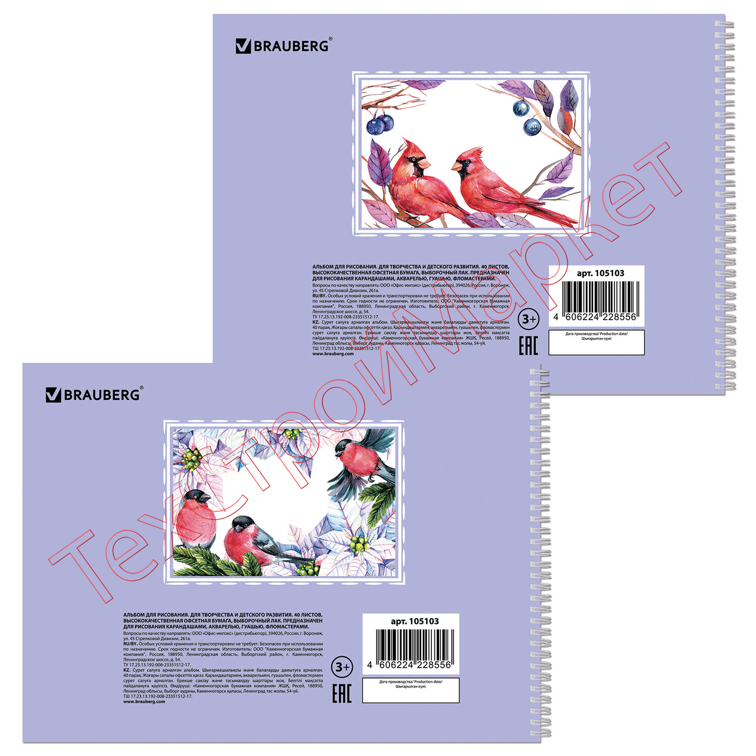 Альбом для рисования, А4, 40 л;, гребень, выборочный лак, подложка, внутренний блок 120 г/м2, BRAUBERG, 205х290 мм, "Птицы" (2 вида), 105103
