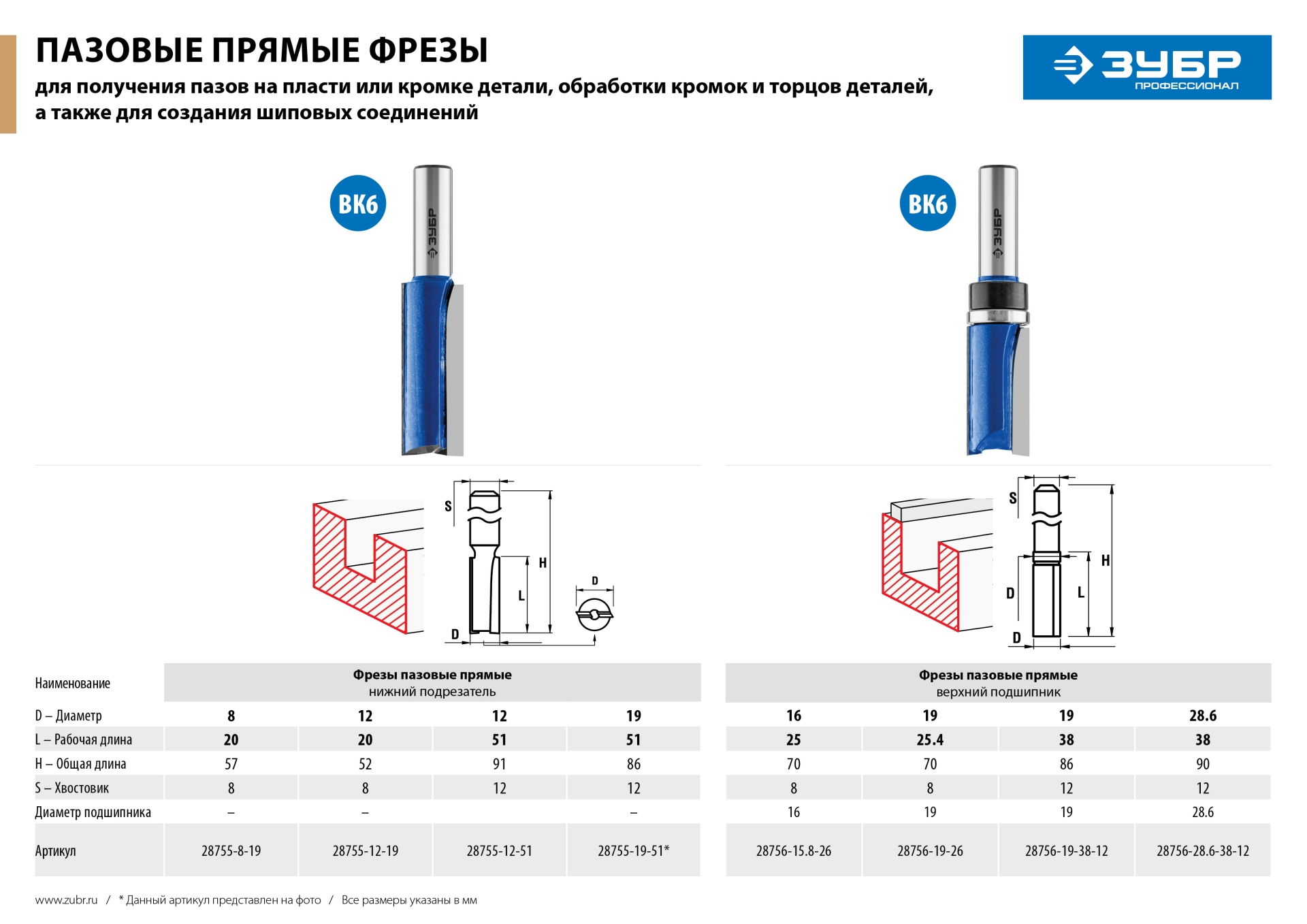 Фреза пазовая прямая с верхним подшипником, D= 28,6мм, рабочая длина-38мм, хв.-12мм, d-28,6мм, ЗУБР Профессионал