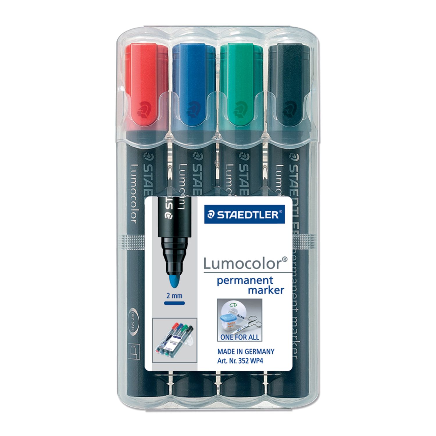 Маркеры перманентные (нестираемые) STAEDTLER в НАБОРЕ из 4 шт., АССОРТИ, "Lumocolor", круглые, 2 мм, 352 WP4