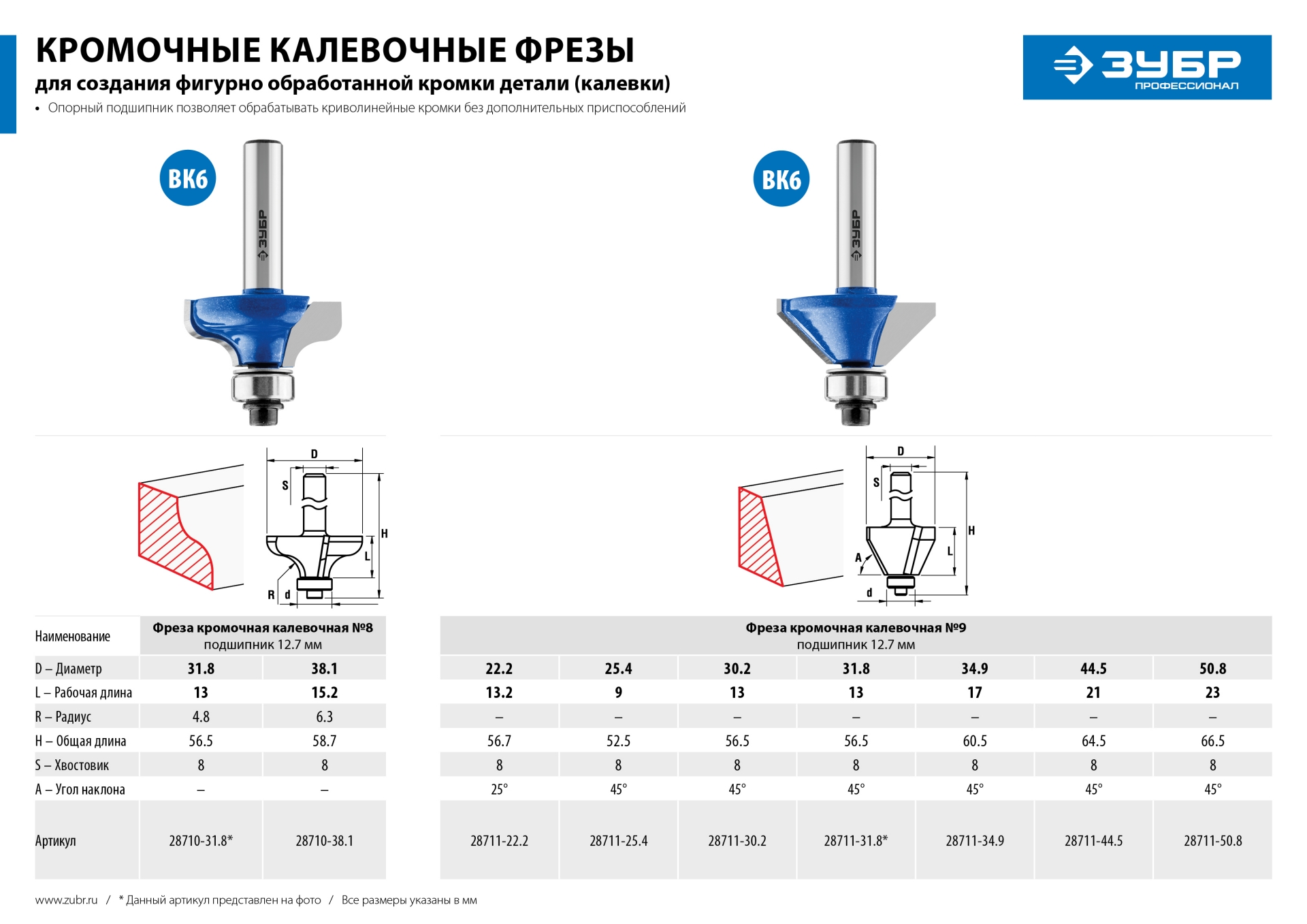 Фреза кромочная калевочная(фасочная) №9, D= 50,8мм, рабочая длина-23мм, угол наклона-45 градусов, хв.-8мм, d-12,7мм, ЗУБР Профессионал