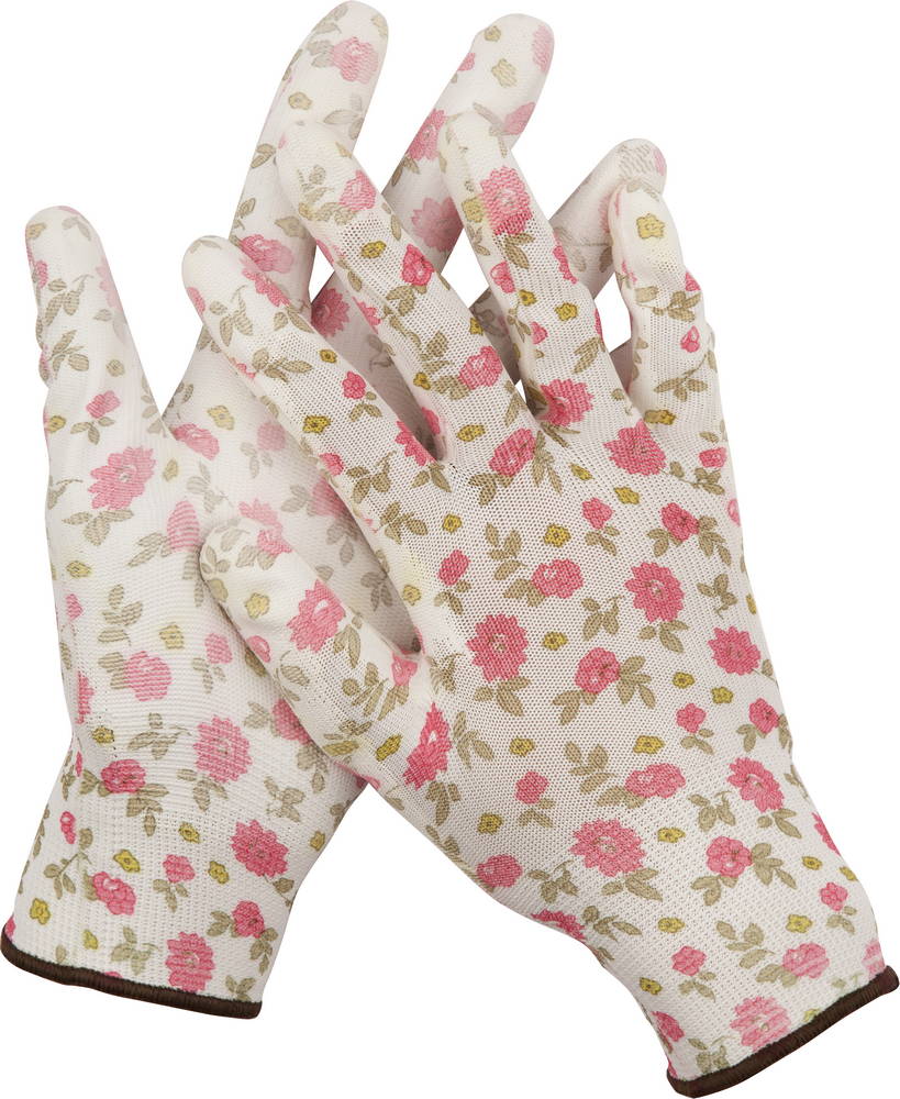 Перчатки садовые, прозрачное PU покрытие, 13 класс вязки, бело-розовые, размер M GRINDA