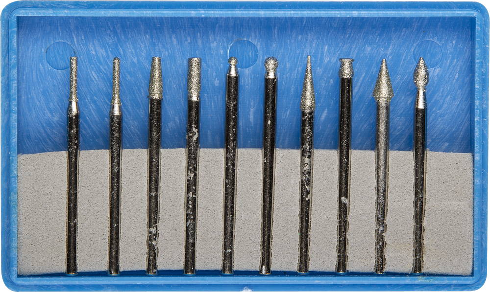 Набор ЗУБР Мини-насадки с алмазным напылением в пластиковом боксе, P 180, хвостовик d 3мм, 10 предм.