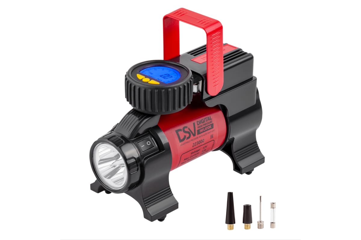 Компрессор "DSV" Smart, с LED фонарем 35 л/мин 12В с  большим цифр. маном, сумкой ,красный 223000