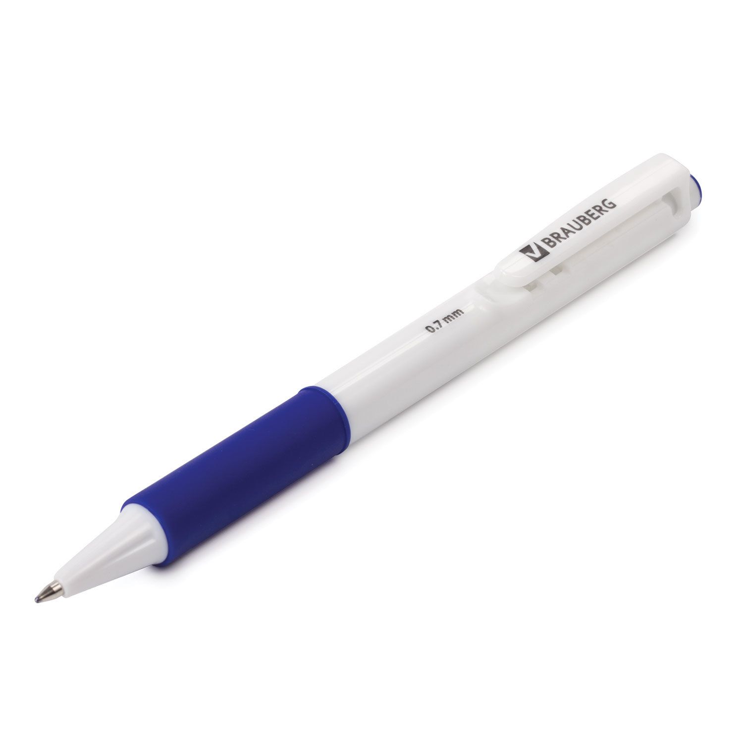 Ручка шариковая автоматическая с грипом BRAUBERG "Blank", СИНЯЯ, корпус белый, узел 0,7 мм, линия письма 0,35 мм, 141153