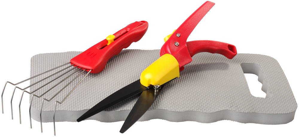 Набор садовый GRINDA, 3 предмета: ножницы для стрижки травы, подколенник, грабельки