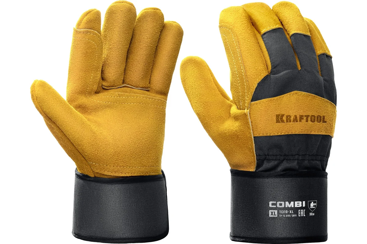 Перчатки комбинированные двухслойные спилковые  с доп. слоем на ладони KRAFTOOL COMBI, XL (10)