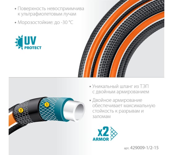 Шланг поливочный, армированный, 6, 1/2″, 15 м, 30 атм, шестислойный GRINDA ULTRA