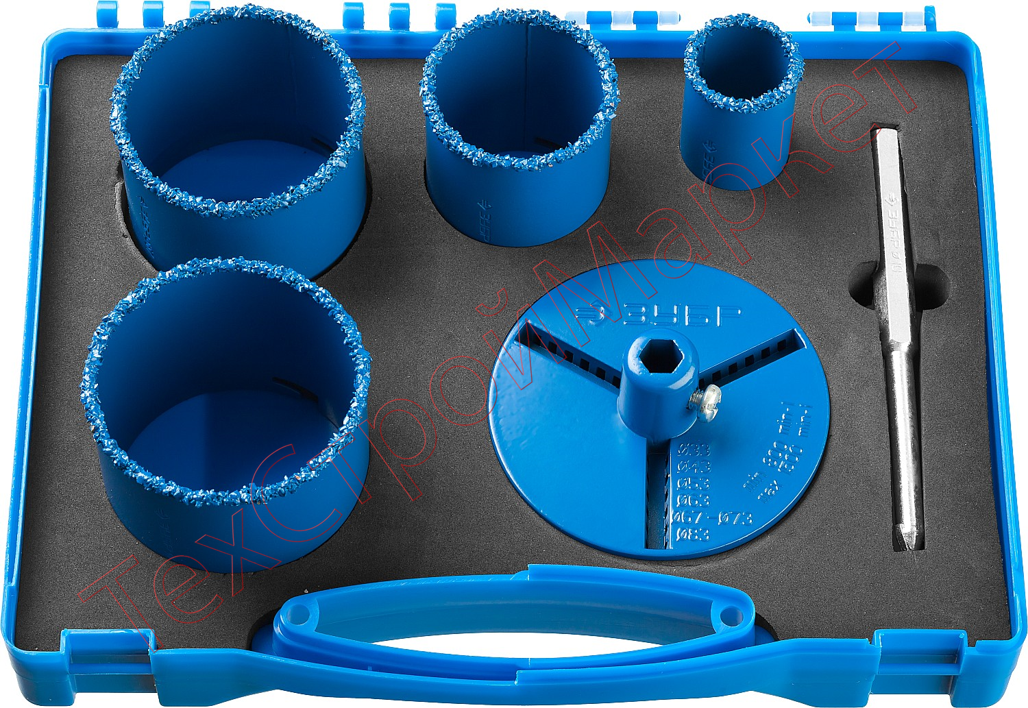 Набор кольцевых коронок ЗУБР "ПРОФЕССИОНАЛ" c карбид-вольфрамовым нанесением, 6 предм. в кейсе: коронки d 33, 53, 67, 73 мм, основание, сверло