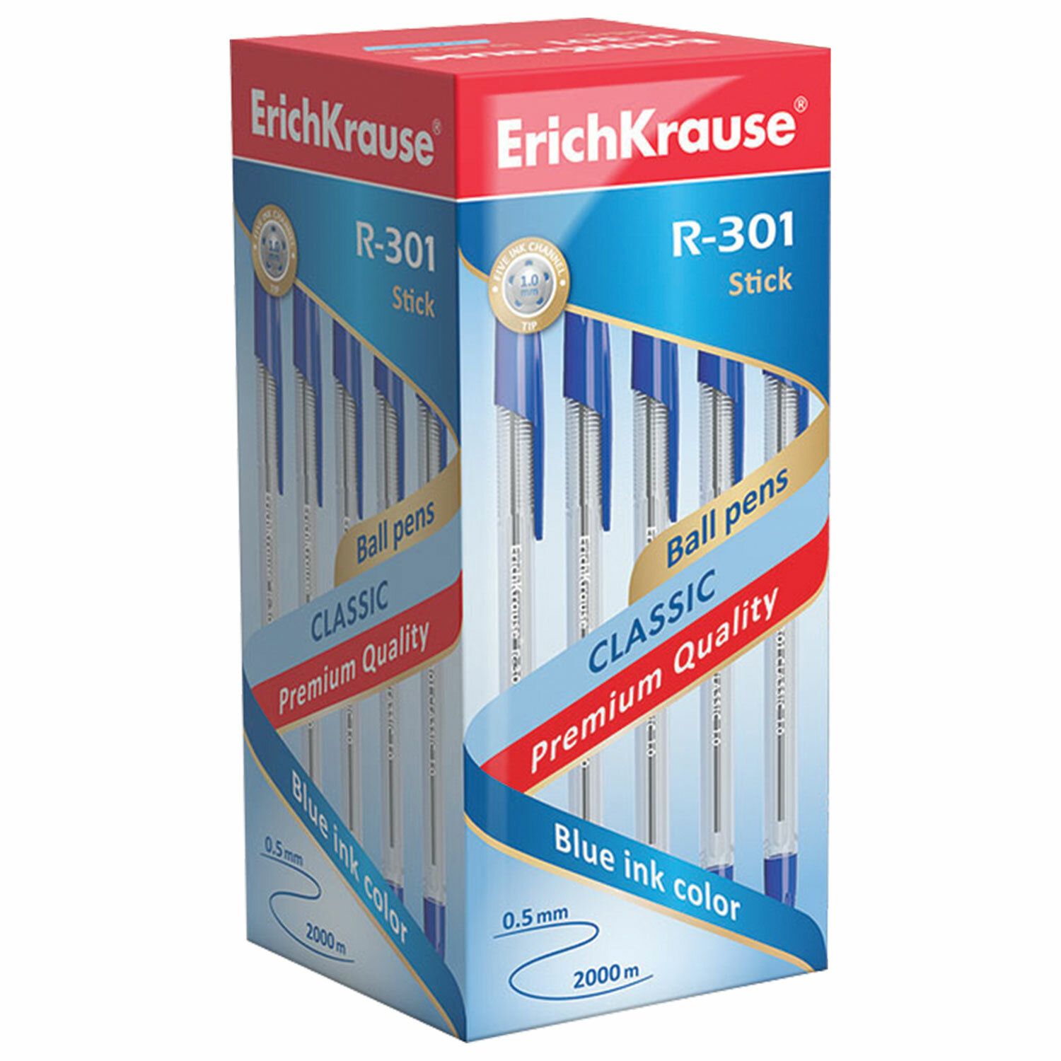 Ручка шариковая ERICH KRAUSE "R-301 43184 Classic", СИНЯЯ, корпус прозрачный, узел 1 мм, линия письма 0,5 мм, 43184