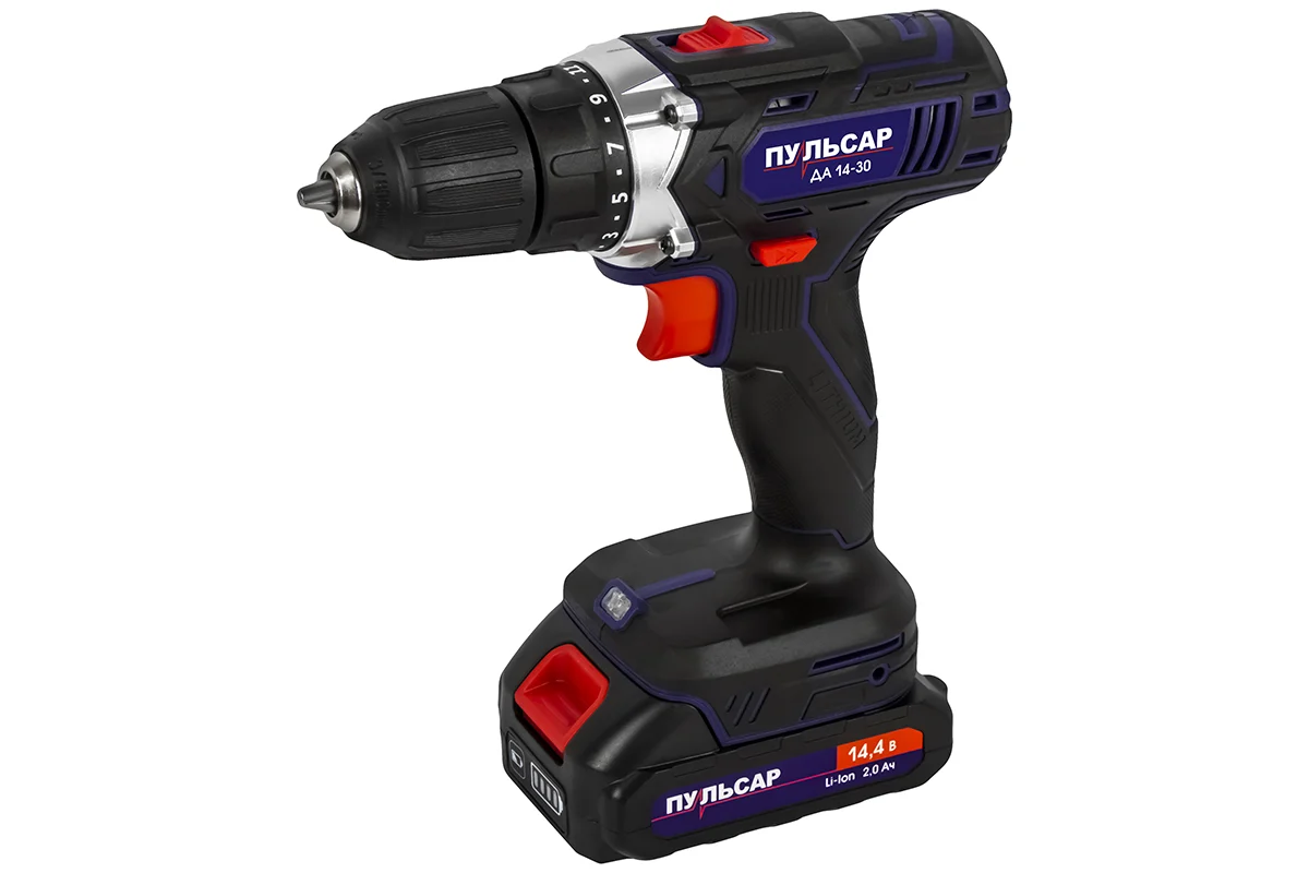 Шуруповерт аккумуляторный безударный ДА 14-30 (14,4В, 30Hm, Li-on, 2,0Ah, 2акк, кейс) ПУЛЬСАР