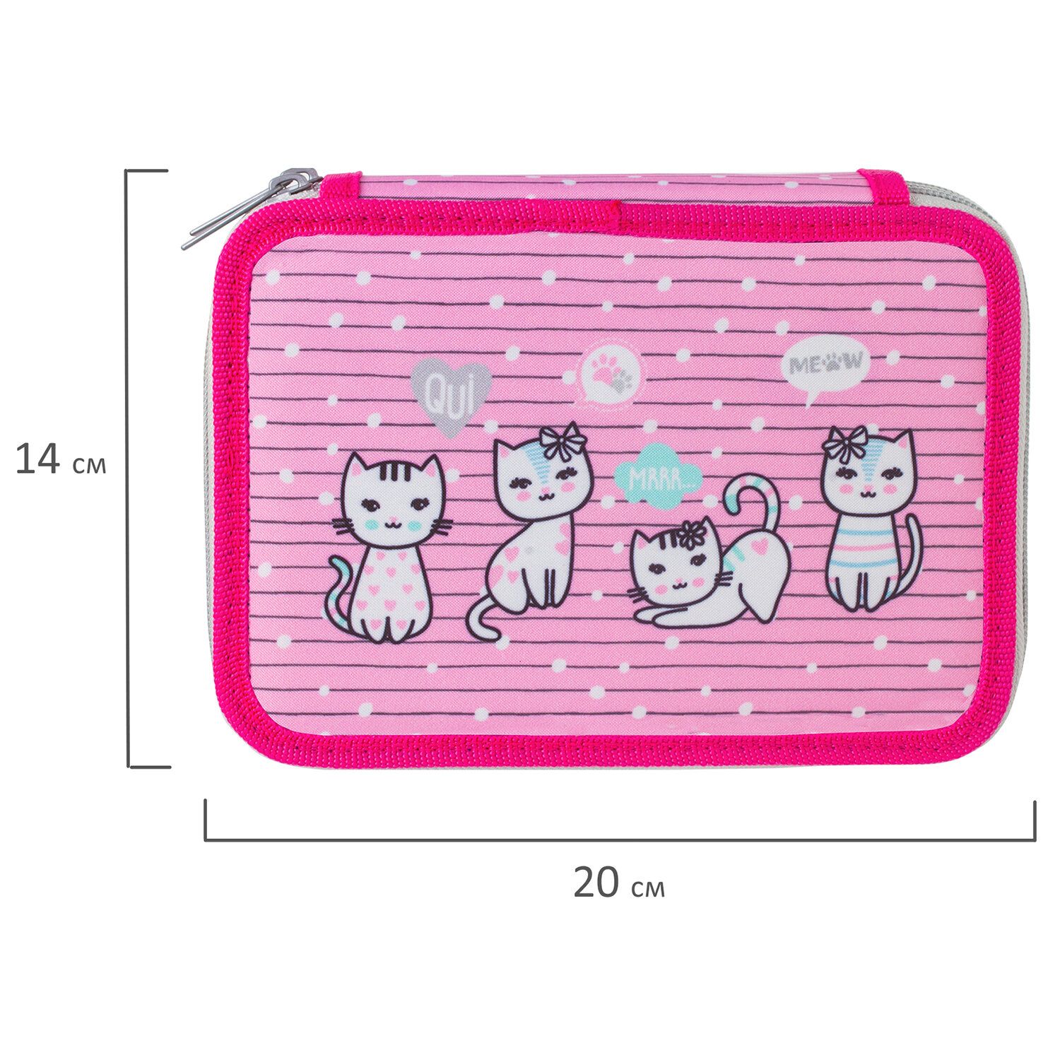 Пенал BRAUBERG, 2 отделения, ткань, 20х14 см, "Meow", 229289