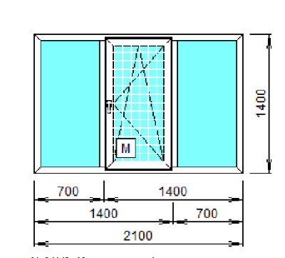 Окно ПВХ двухкамерное, трехстворчатое, одна створка поворотно откидная, с москитной сеткой.