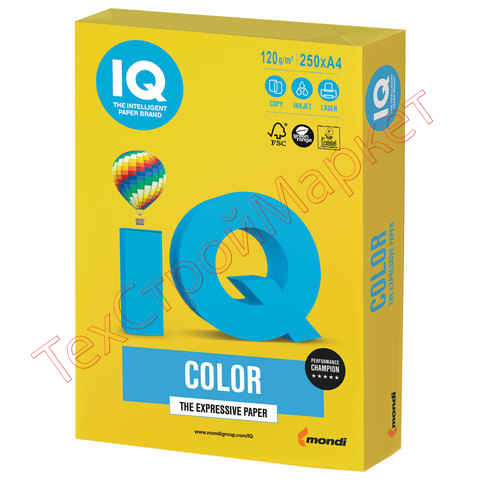 Бумага цветная IQ color, А4, 120 г/м2, 250 л., интенсив, ярко-желтая, IG50
