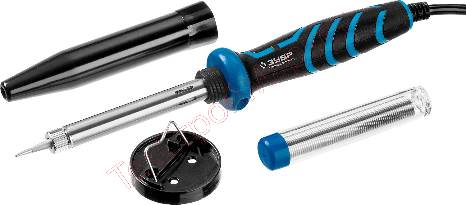 Паяльник  с двухкомпонентной рукояткой и защитным колпачком в наборе с припоем и подставкой, 40Вт, конус,ЗУБР "ПРОФЕССИОНАЛ"55402-40_z01