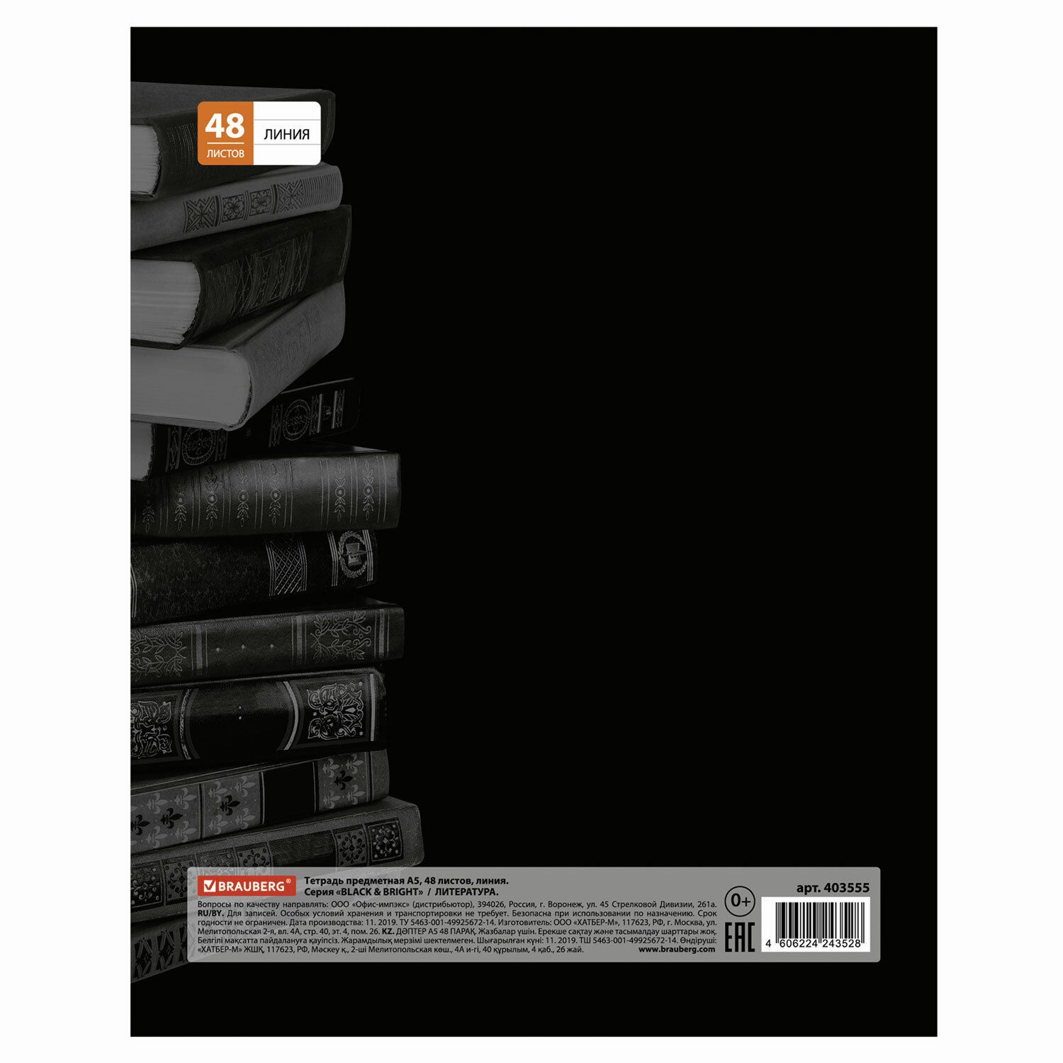 Тетрадь предметная BLACK & BRIGHT 48 листов, глянцевый лак, ЛИТЕРАТУРА, клетка, подсказ, BRAUBERG, 403555