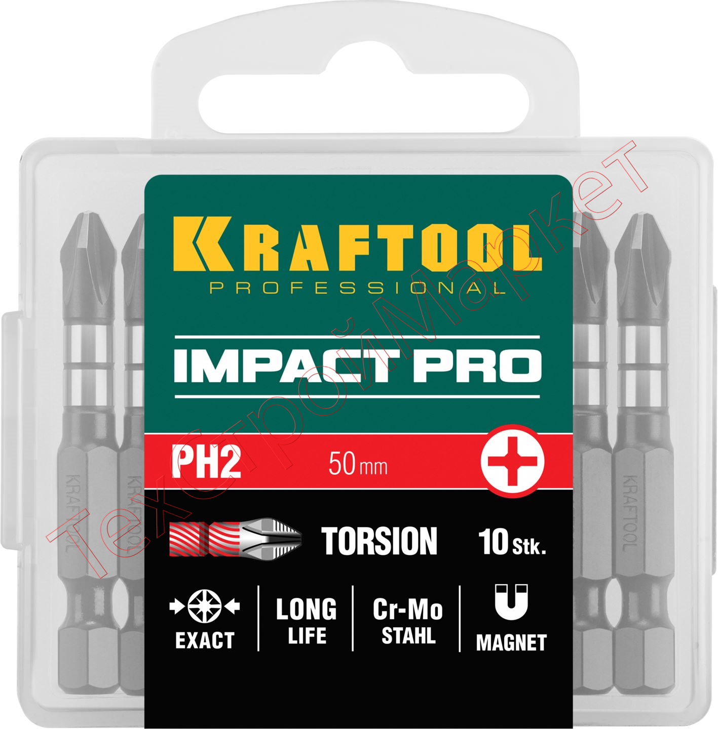 Биты KRAFTOOL Impact Pro, Philips, тип хвостовика E 1/4", PH2, 50мм, 10шт, в пластиковом боксе