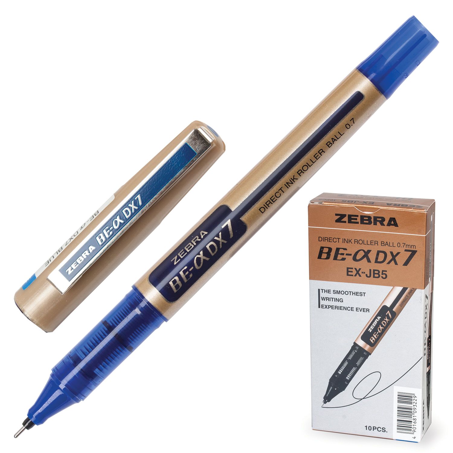 Ручка-роллер ZEBRA "Zeb-Roller DX7", СИНЯЯ, корпус золотистый, узел 0,7 мм, линия письма 0,35 мм, EX-JB3-BL