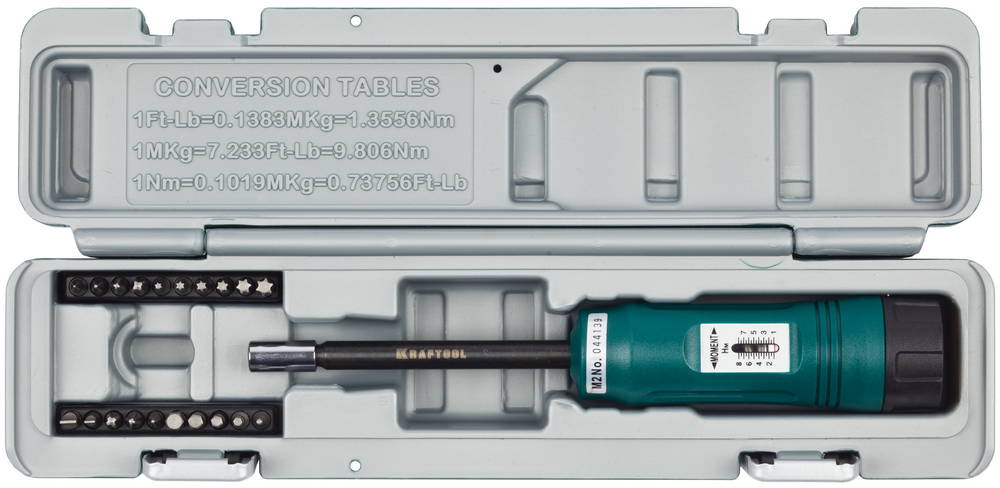 Отвертка динамометрическая со шкалой, регулируемая, 1-8 Нм, точность +/-6%, 20 бит, в боксе,KRAFTOOL 