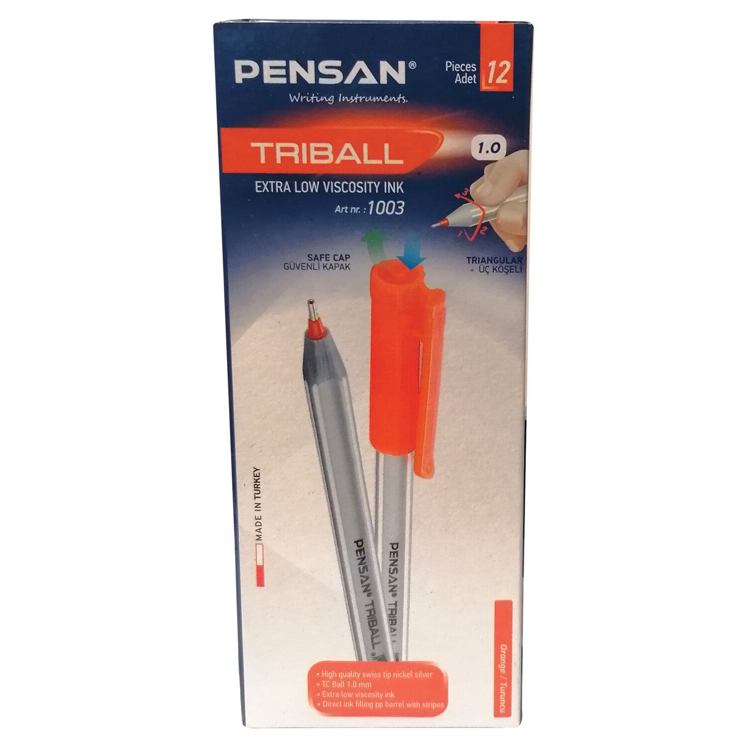 Ручка шариковая масляная PENSAN "Triball", ОРАНЖЕВАЯ, трехгранная, узел 1 мм, линия письма 0,5 мм, 1003/12