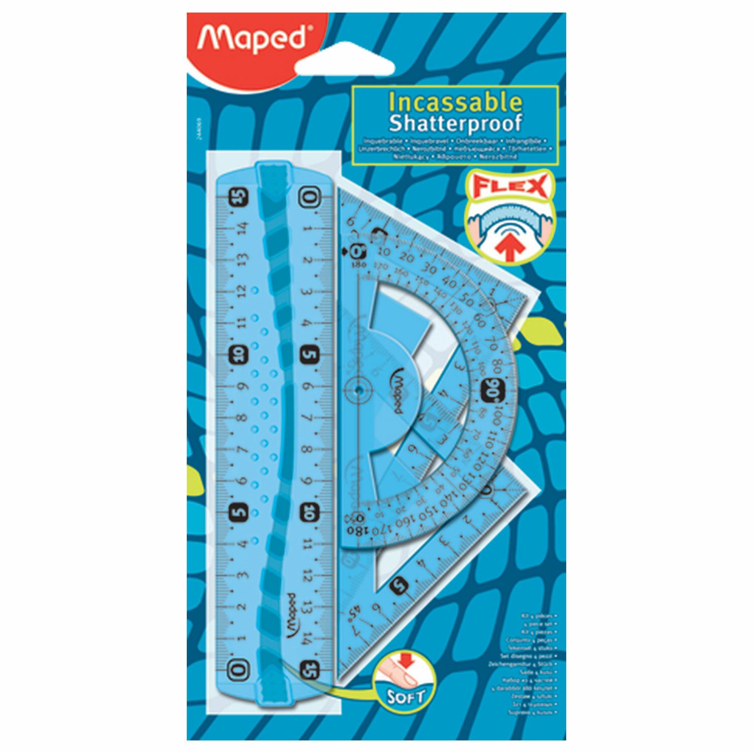 Набор чертежный малый MAPED "Flex Mini" (линейка 15 см, 2 угольника, транспортир), ассорти, блистер, 244069
