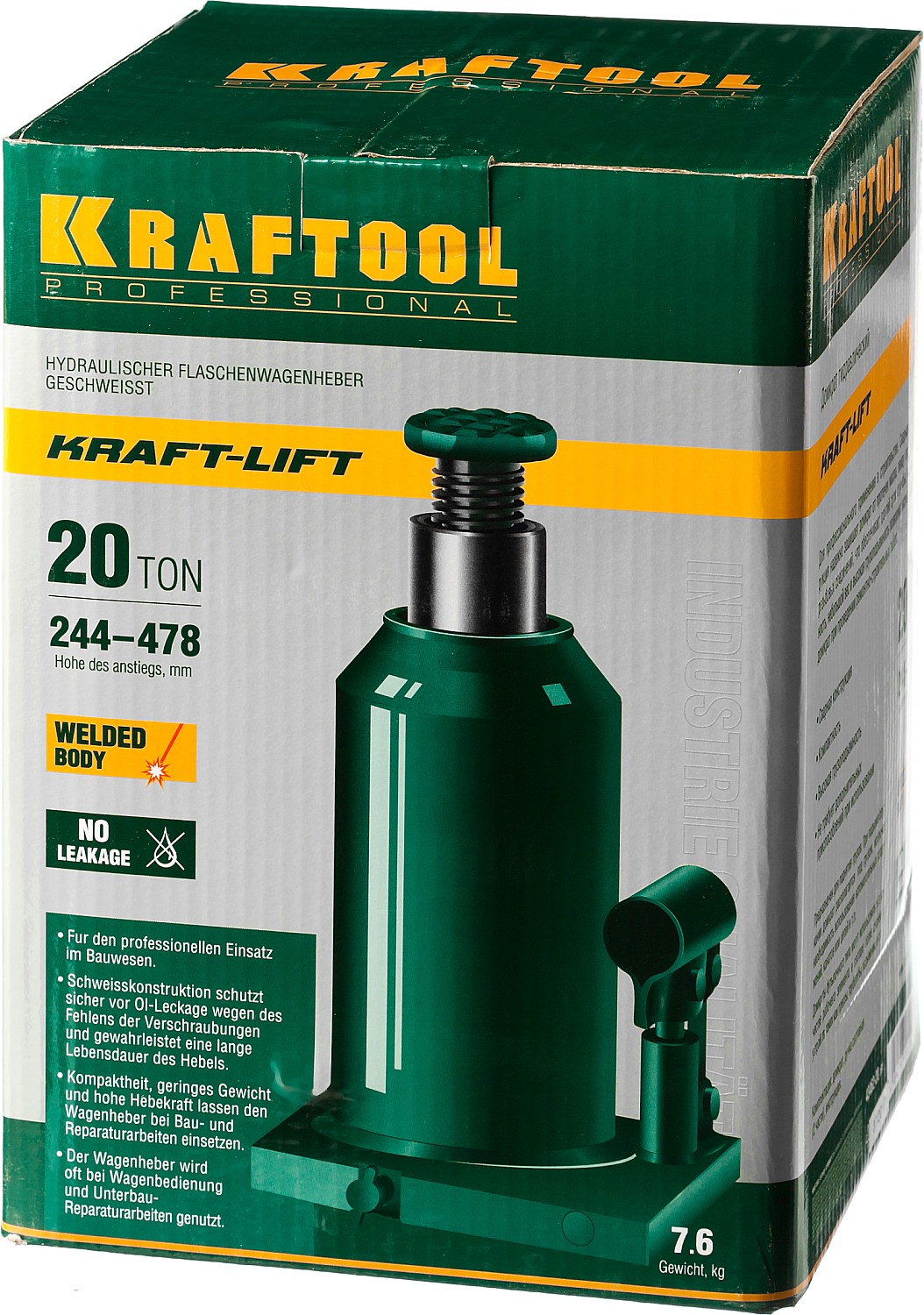 Домкрат гидравлический бутылочный "Kraft-Lift", сварной, 20т, 244-478мм, KRAFTOOL 