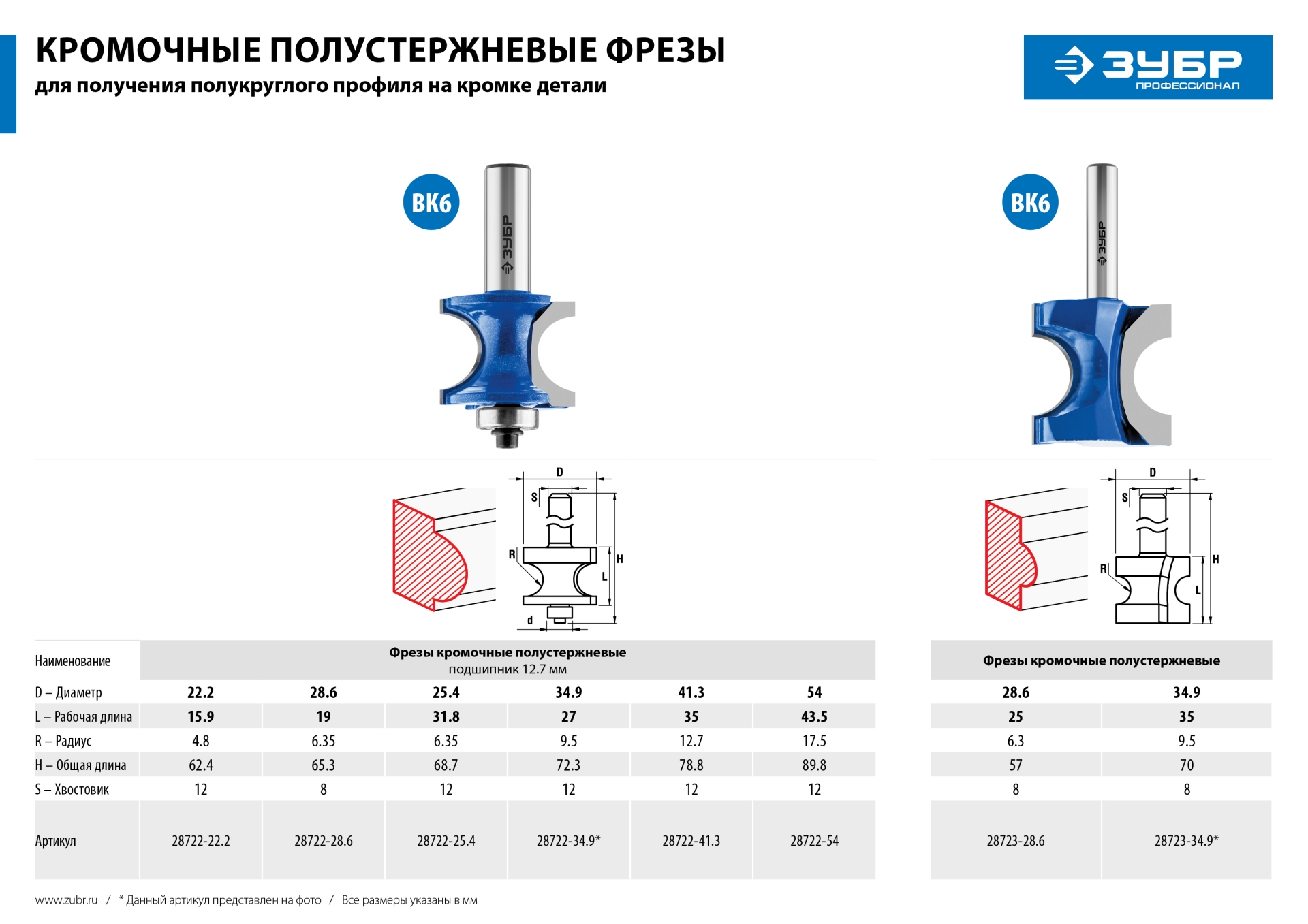 Фреза полустержневая с подшипником, D= 41,3мм, рабочая длина-35мм, радиус-12,7мм, хв.-12мм, d-12,7мм, ЗУБР Профессионал