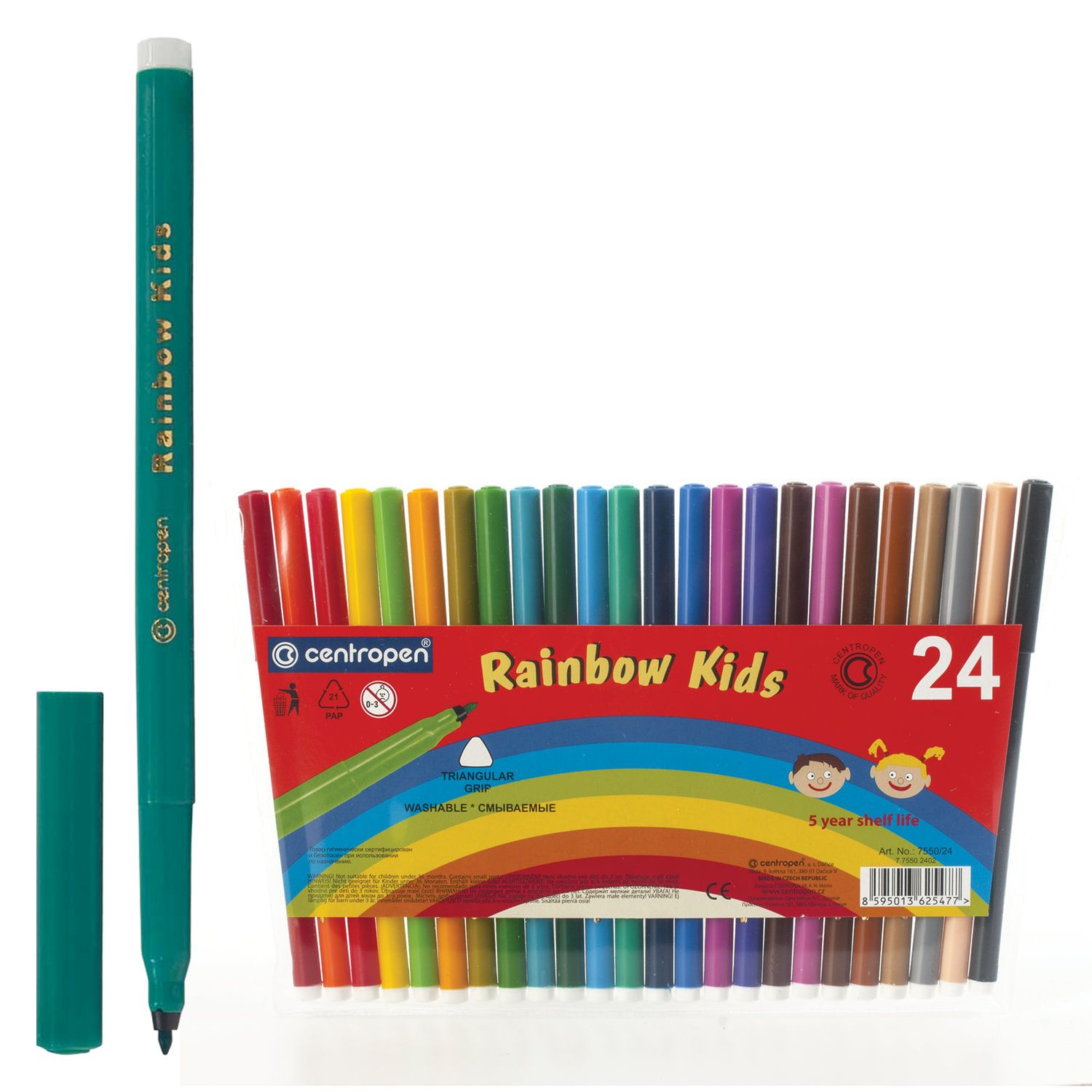Фломастеры 24 ЦВЕТА CENTROPEN "Rainbow Kids", круглые, смываемые, вентилируемый колпачок, 7550/24ET, 7 7550 2402