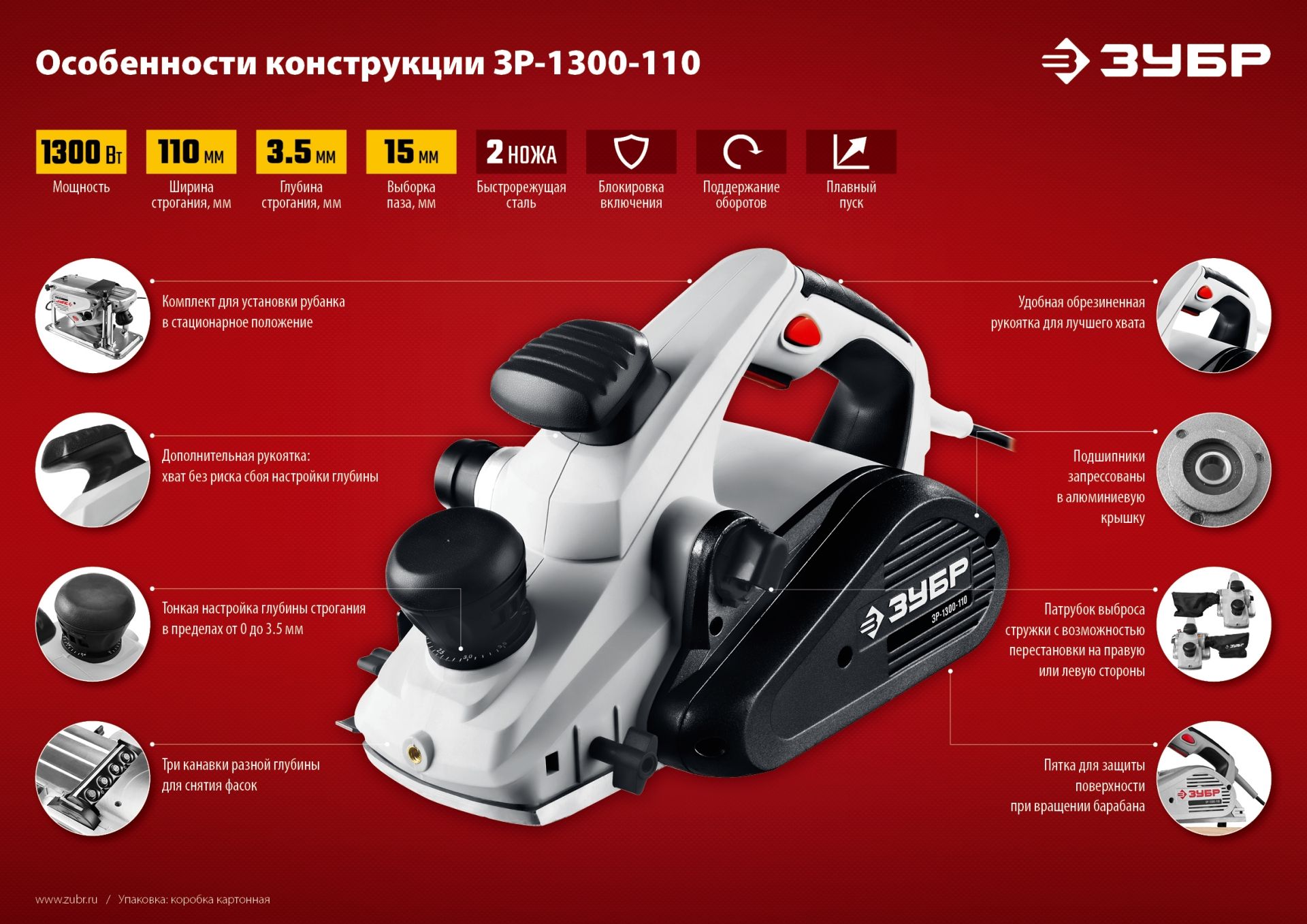 Рубанок электрический ЗУБР ЗР-1300-110