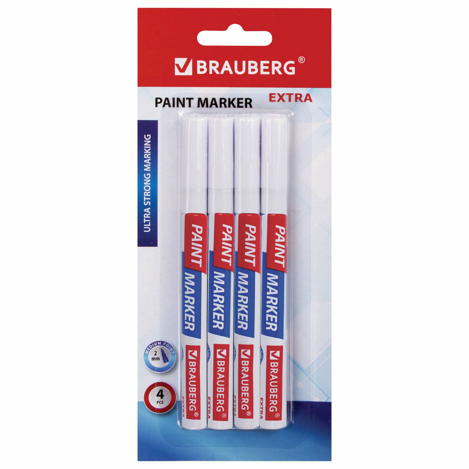 Маркер-краска лаковый EXTRA (paint marker) 2 мм, БЕЛЫЕ, НАБОР 4 шт., УЛУЧШЕННАЯ НИТРО-ОСНОВА, BRAUBERG, 151995