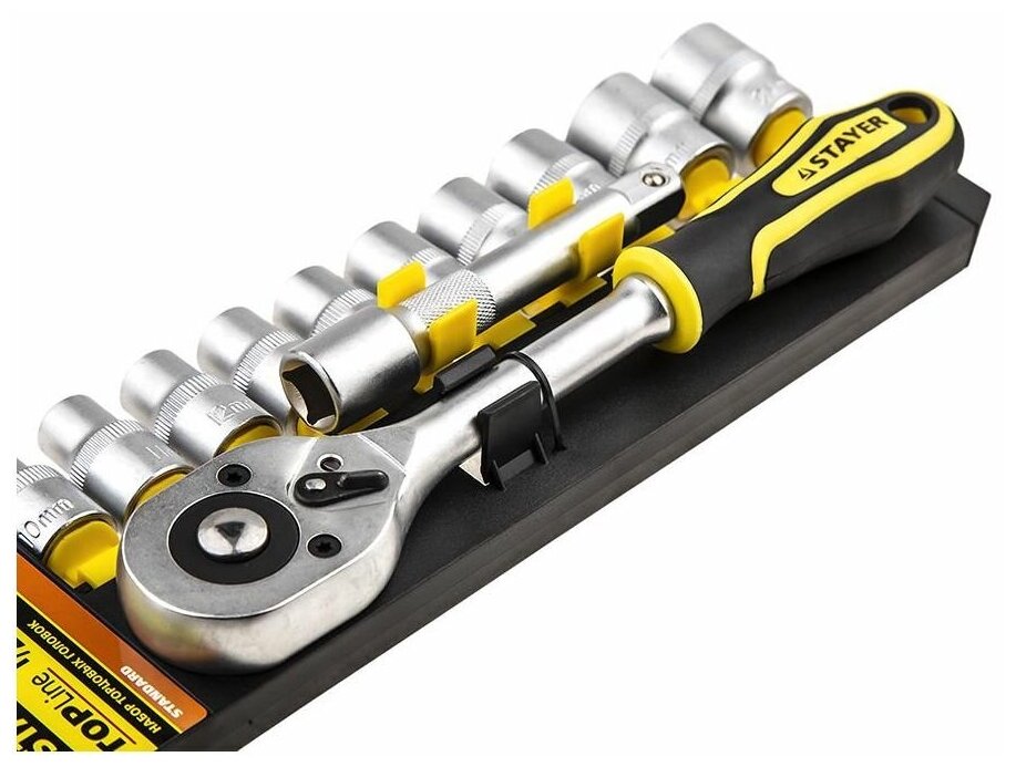 Набор:Торцовые головки (1/2") на пластиковом рельсе, трещотка, удлинитель, 10-24м STAYER "STANDARD"