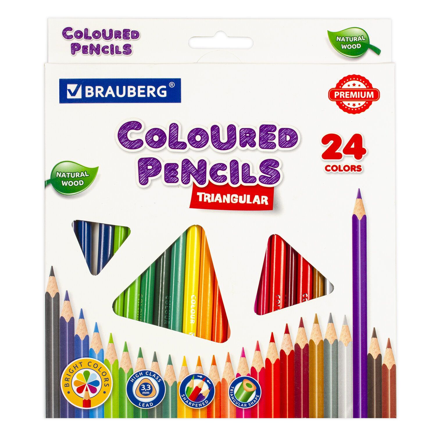 Карандаши цветные BRAUBERG PREMIUM, 24 цвета, трехгранные, грифель мягкий 3,3 мм, 181653