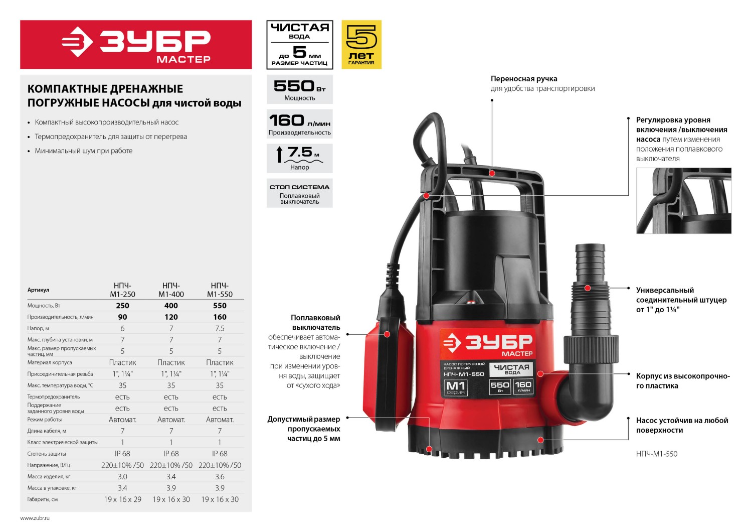 Насос дренажный ЗУБР НПЧ-М1-550