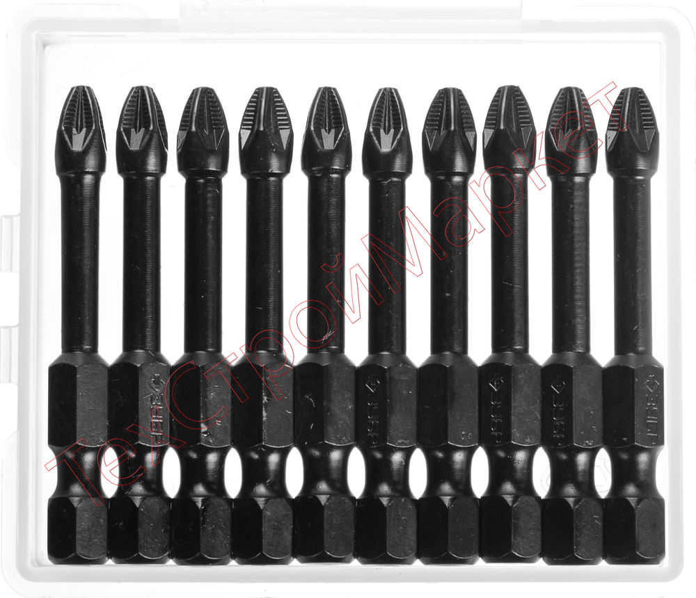 Биты ЗУБР "ПРОФИ" Pozidrive, тип хвостовика E 1/4", PZ2, 50мм, 10шт, в пластиковом боксе, на карточке