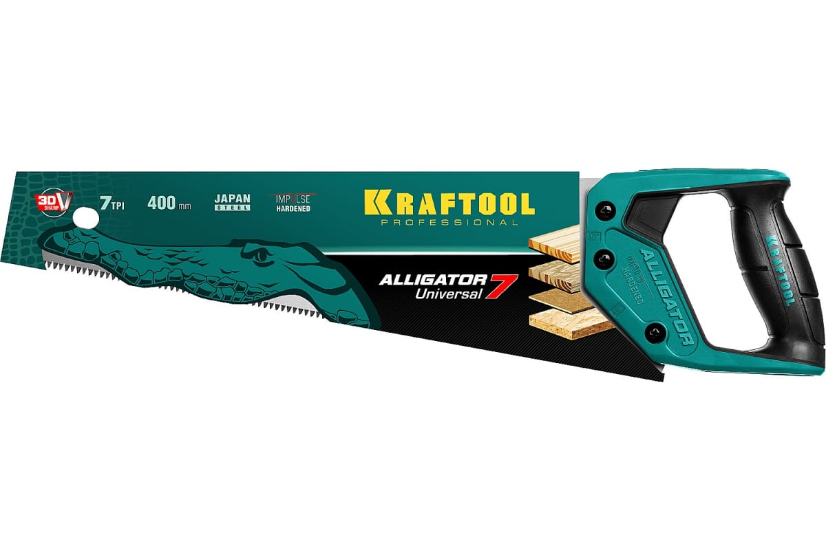 Ножовка универсальная 400 мм 7 TPI 3D зуб, Alligator 7 KRAFTOOL 